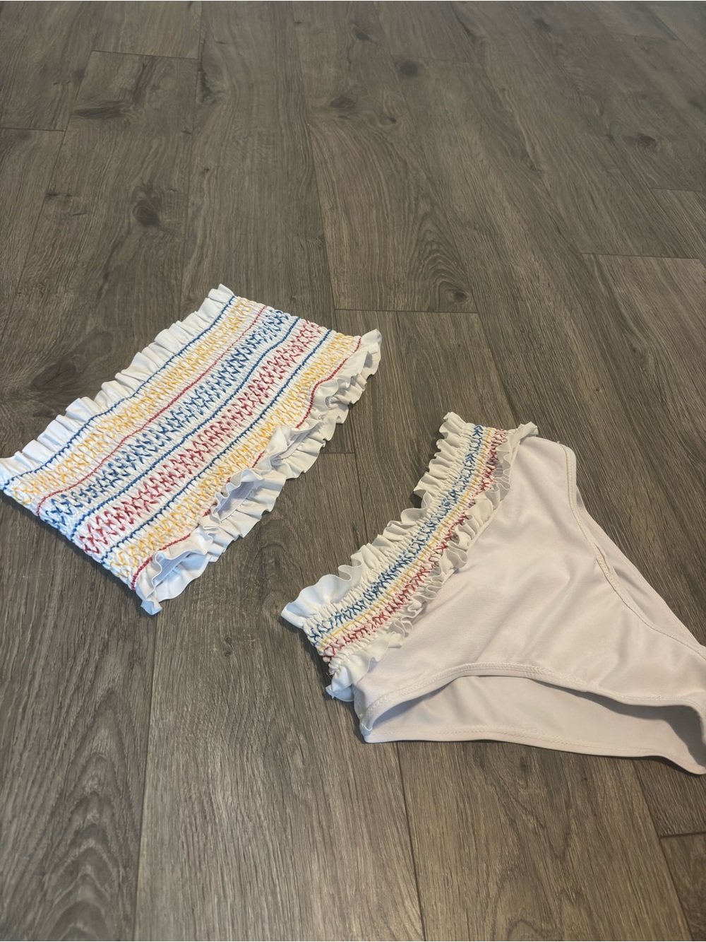 White Smocked Ruffle Bikini Bottoms with Multicolor Stitching